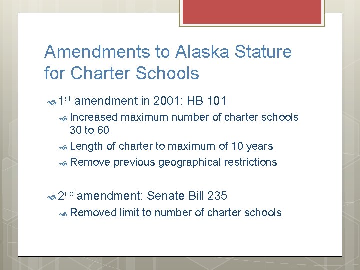 Amendments to Alaska Stature for Charter Schools 1 st amendment in 2001: HB 101