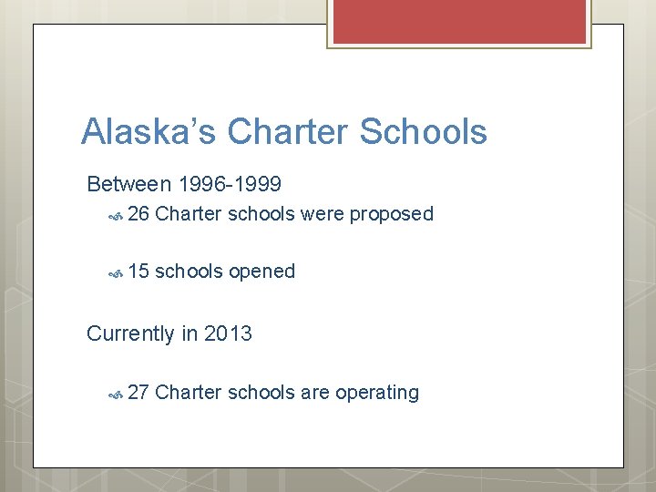 Alaska’s Charter Schools Between 1996 -1999 26 Charter schools were proposed 15 schools opened