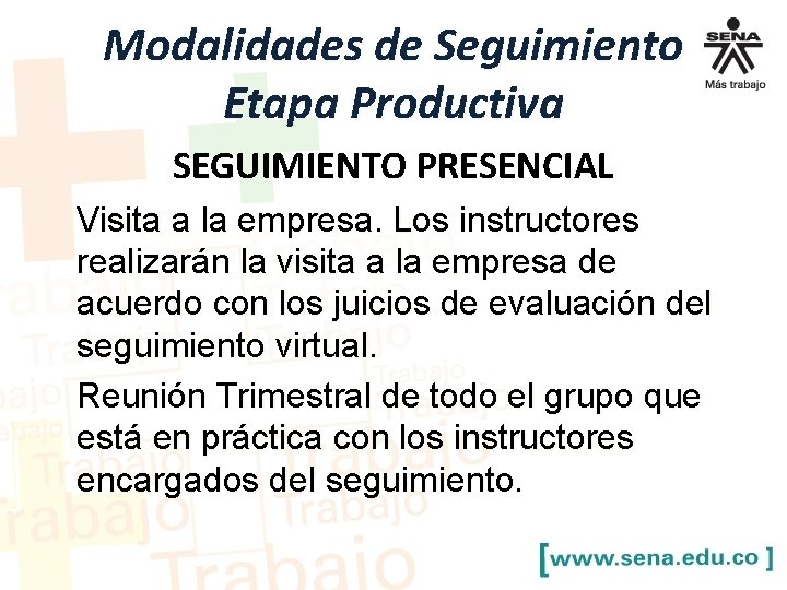 Modalidades de Seguimiento Etapa Productiva SEGUIMIENTO PRESENCIAL Visita a la empresa. Los instructores realizarán