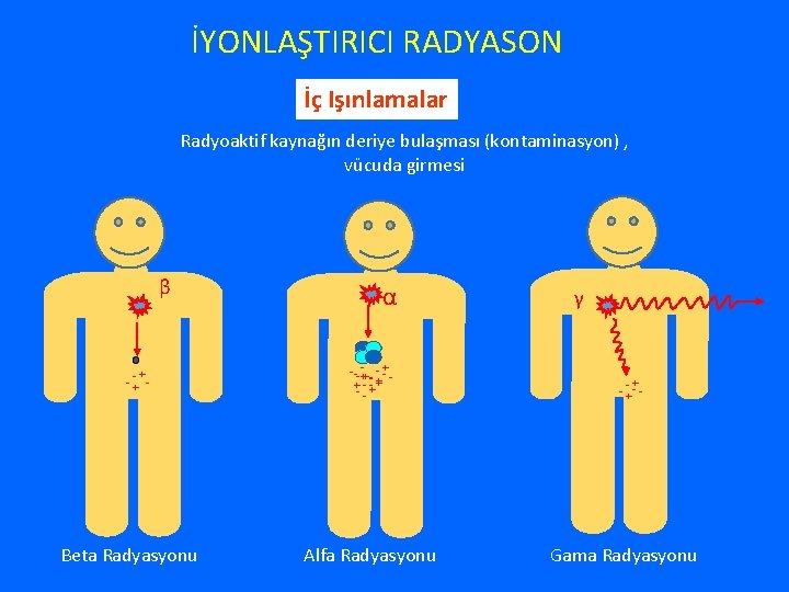 İYONLAŞTIRICI RADYASON İç Işınlamalar Radyoaktif kaynağın deriye bulaşması (kontaminasyon) , vücuda girmesi β +