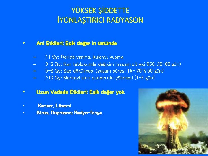 YÜKSEK ŞİDDETTE İYONLAŞTIRICI RADYASON • Ani Etkileri: Eşik değer in üstünde – – >1