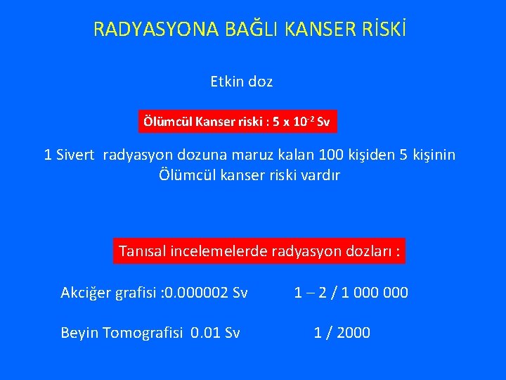 RADYASYONA BAĞLI KANSER RİSKİ Etkin doz Ölümcül Kanser riski : 5 x 10 -2