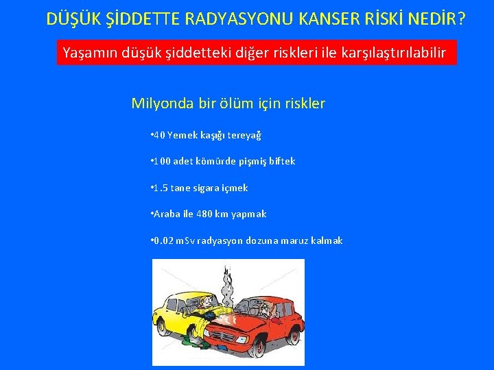 DÜŞÜK ŞİDDETTE RADYASYONU KANSER RİSKİ NEDİR? Yaşamın düşük şiddetteki diğer riskleri ile karşılaştırılabilir Milyonda