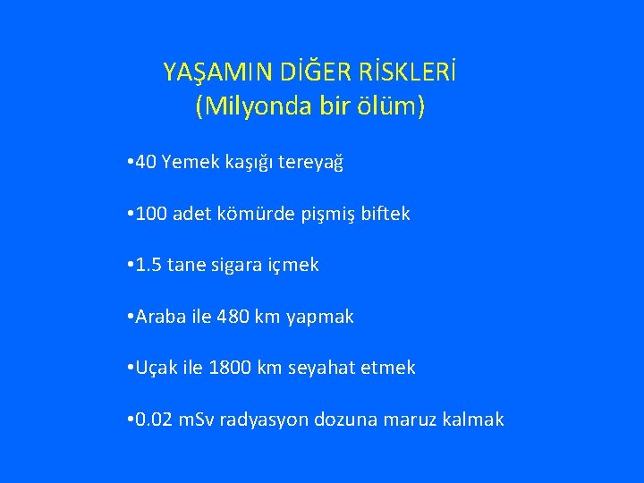 YAŞAMIN DİĞER RİSKLERİ (Milyonda bir ölüm) • 40 Yemek kaşığı tereyağ • 100 adet