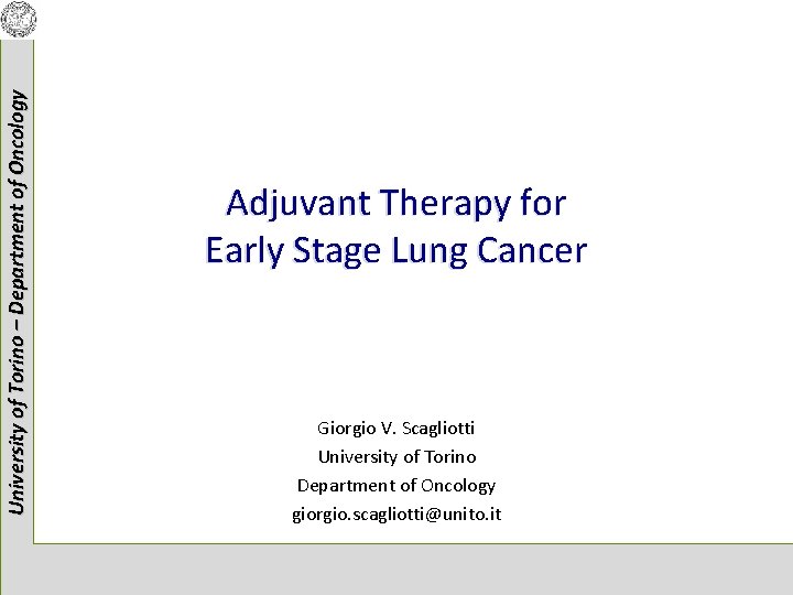 University of Torino – Department of Oncology Adjuvant Therapy for Early Stage Lung Cancer
