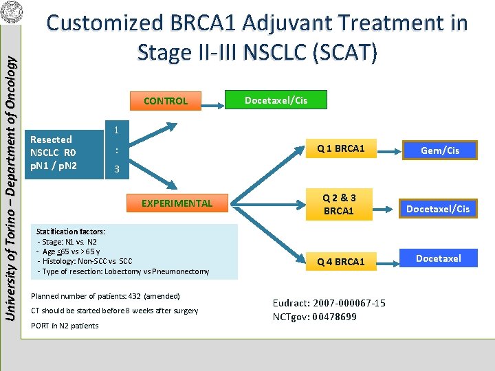 University of Torino – Department of Oncology Customized BRCA 1 Adjuvant Treatment in Stage