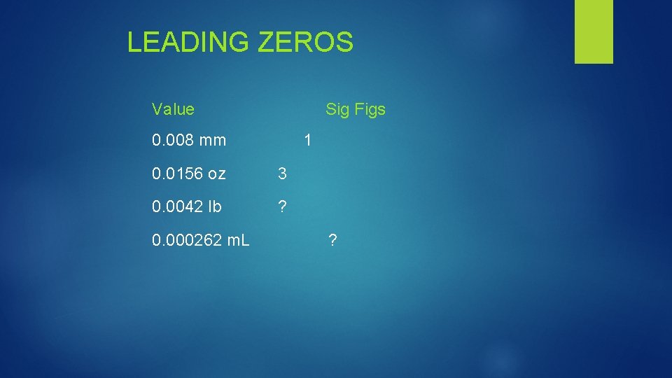 LEADING ZEROS Value Sig Figs 0. 008 mm 1 0. 0156 oz 3 0.