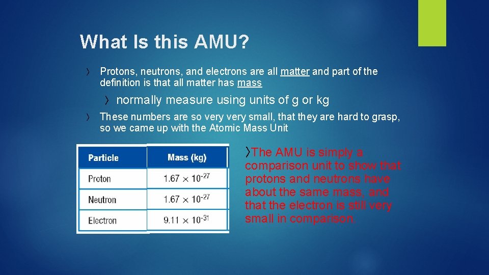 What Is this AMU? 〉 Protons, neutrons, and electrons are all matter and part