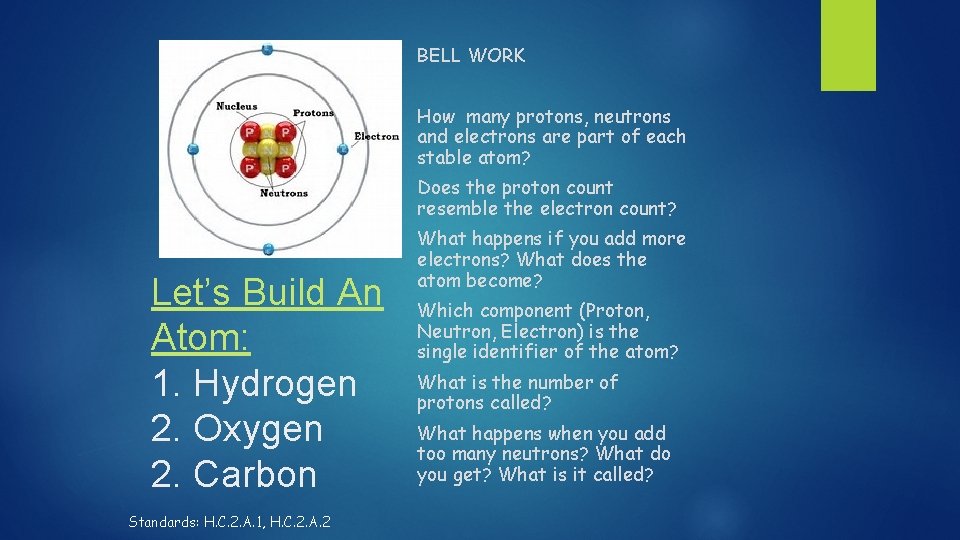 BELL WORK How many protons, neutrons and electrons are part of each stable atom?