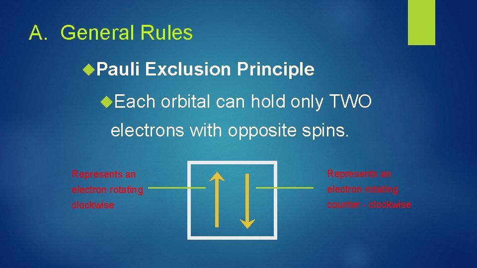 A. General Rules Pauli Exclusion Principle Each orbital can hold only TWO electrons with