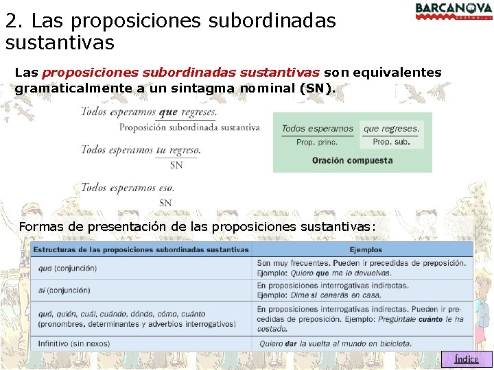 2. Las proposiciones subordinadas sustantivas son equivalentes gramaticalmente a un sintagma nominal (SN). Formas