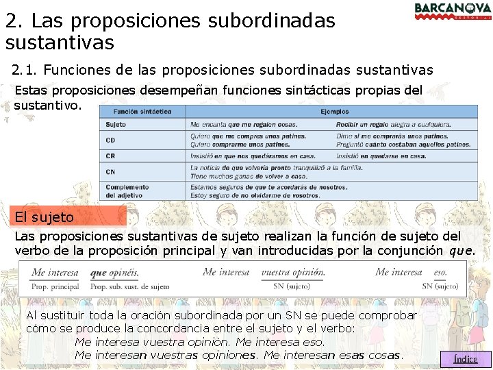 2. Las proposiciones subordinadas sustantivas 2. 1. Funciones de las proposiciones subordinadas sustantivas Estas