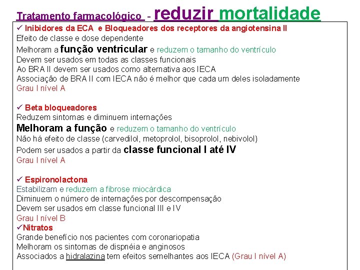 Tratamento farmacológico - reduzir mortalidade ü Inibidores da ECA e Bloqueadores dos receptores da