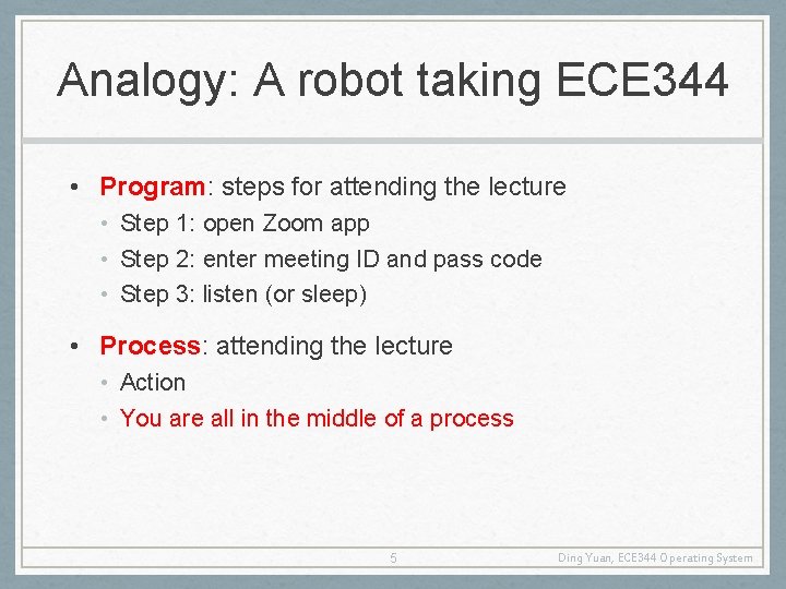 Analogy: A robot taking ECE 344 • Program: steps for attending the lecture •