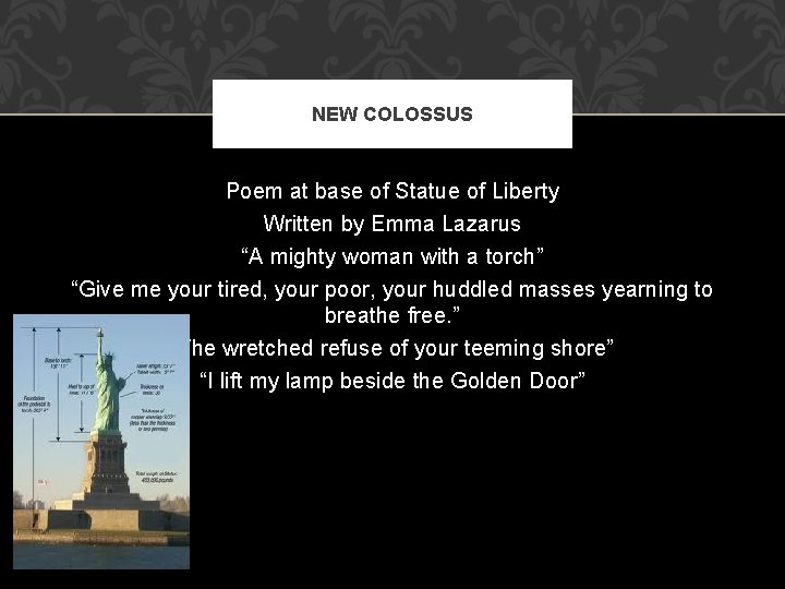 NEW COLOSSUS Poem at base of Statue of Liberty Written by Emma Lazarus “A