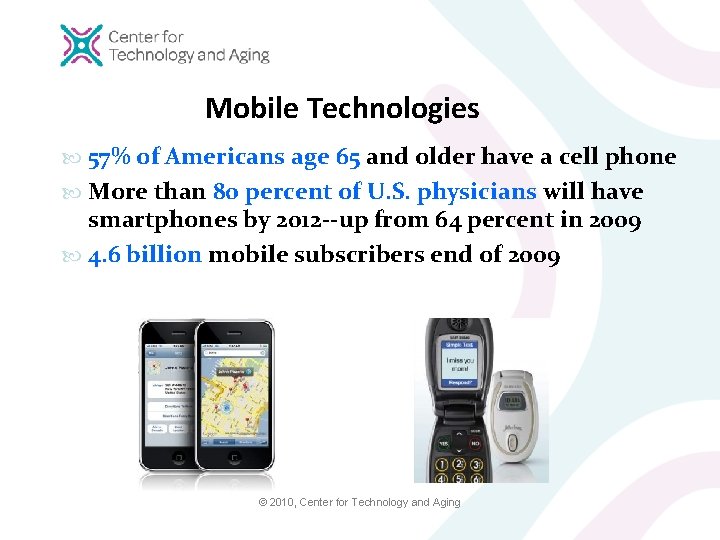 Mobile Technologies 57% of Americans age 65 and older have a cell phone More
