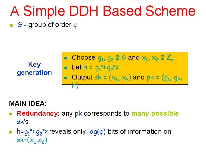 A Simple DDH Based Scheme n G - group of order q Key generation