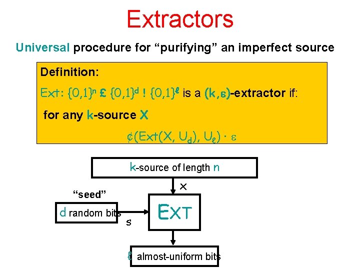 Extractors Universal procedure for “purifying” an imperfect source Definition: Ext: {0, 1}n £ {0,