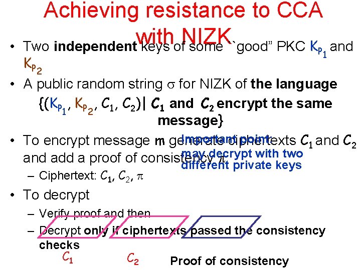  • Achieving resistance to CCA with NIZK Two independent keys of some ``good”