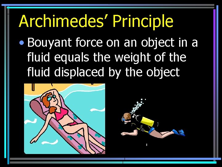 Archimedes’ Principle • Bouyant force on an object in a fluid equals the weight