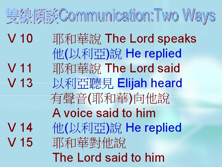 V 10 V 11 V 13 V 14 V 15 耶和華說 The Lord speaks