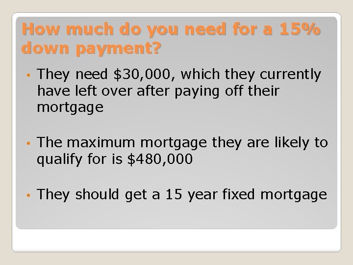 How much do you need for a 15% down payment? • They need $30,