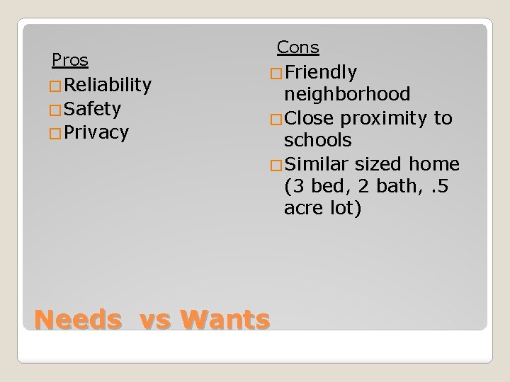 Pros �Reliability �Safety �Privacy Cons �Friendly neighborhood �Close proximity to schools �Similar sized home