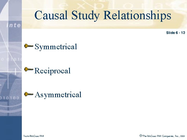 Click to edit Master title style Causal Study Relationships Slide 6 - 13 Symmetrical