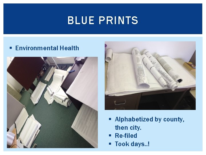 BLUE PRINTS § Environmental Health § Alphabetized by county, then city. § Re-filed §