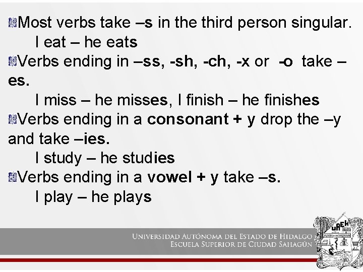 Most verbs take –s in the third person singular. I eat – he eats