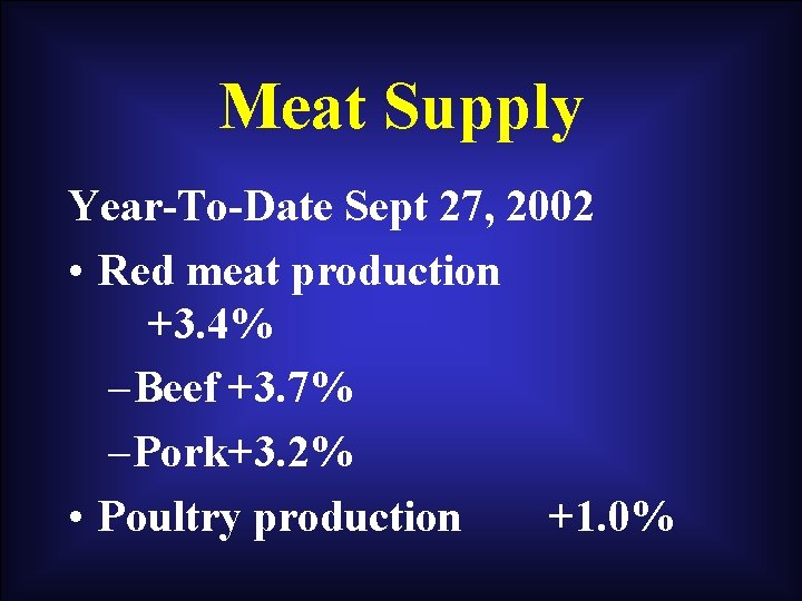 Meat Supply Year-To-Date Sept 27, 2002 • Red meat production +3. 4% – Beef