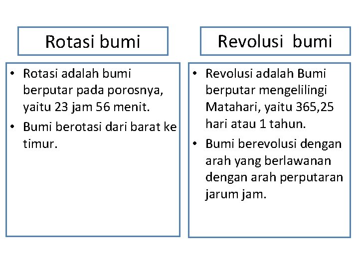 Rotasi bumi • Rotasi adalah bumi berputar pada porosnya, yaitu 23 jam 56 menit.