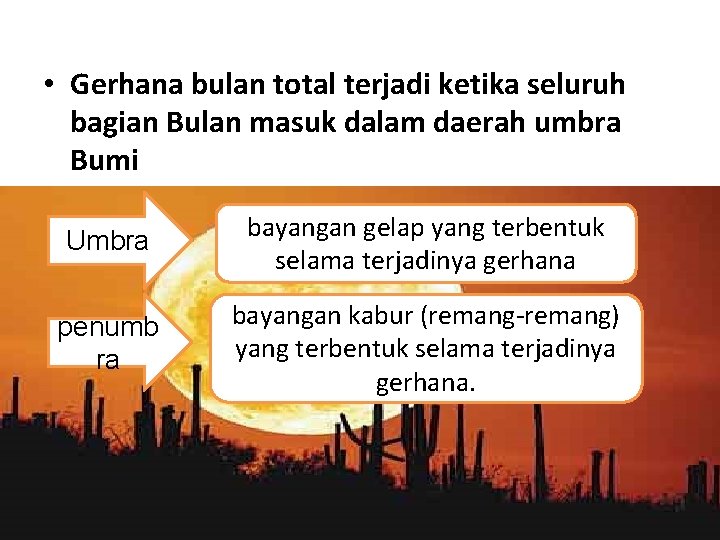  • Gerhana bulan total terjadi ketika seluruh bagian Bulan masuk dalam daerah umbra