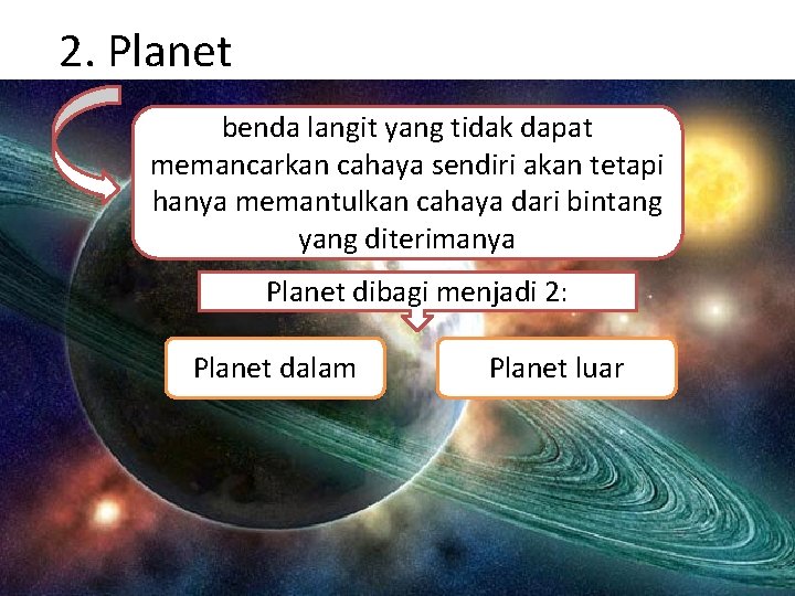 2. Planet benda langit yang tidak dapat memancarkan cahaya sendiri akan tetapi hanya memantulkan
