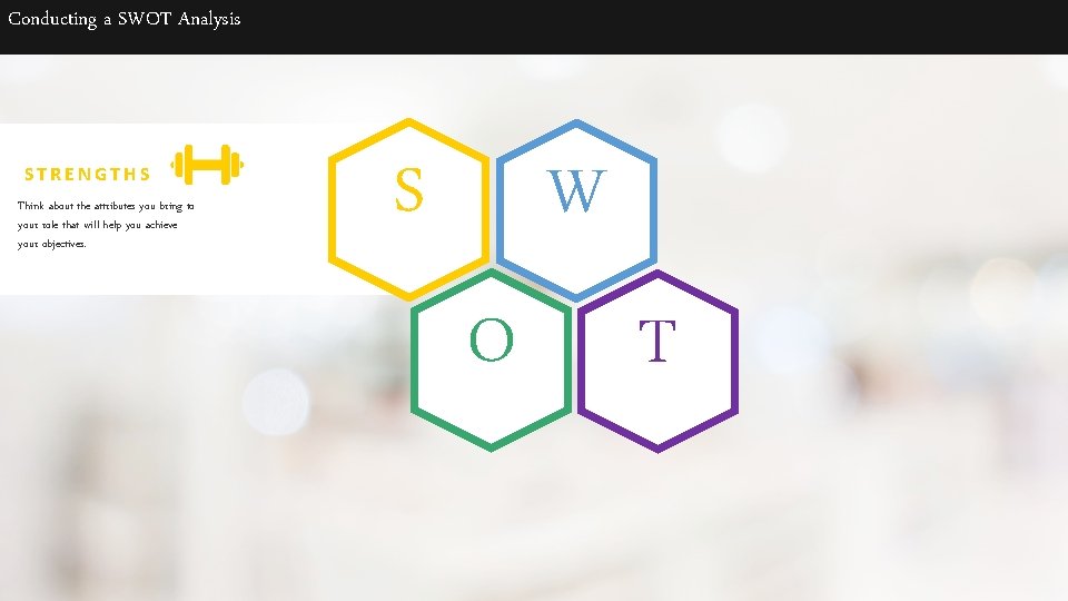 Conducting a SWOT Analysis STRENGTHS Think about the attributes you bring to your role