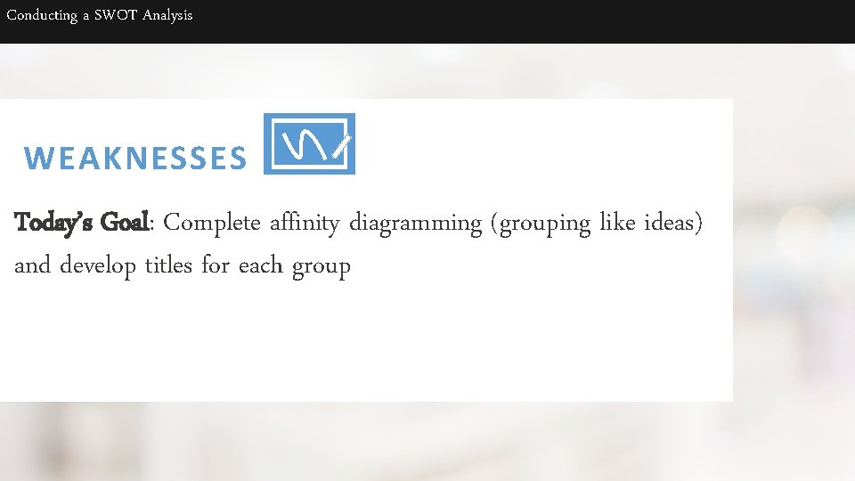 Conducting a SWOT Analysis WEAKNESSES Today’s Goal: Complete affinity diagramming (grouping like ideas) and