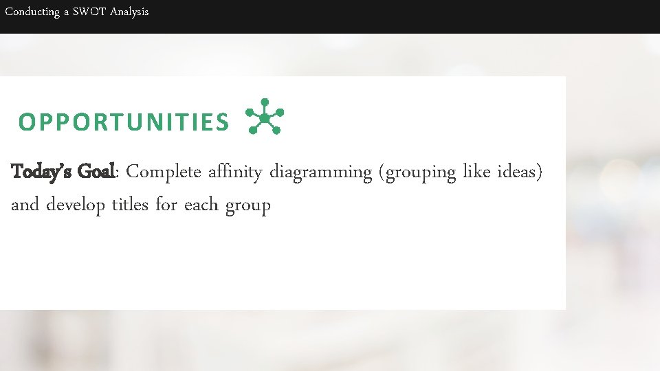 Conducting a SWOT Analysis OPPORTUNITIES Today’s Goal: Complete affinity diagramming (grouping like ideas) and