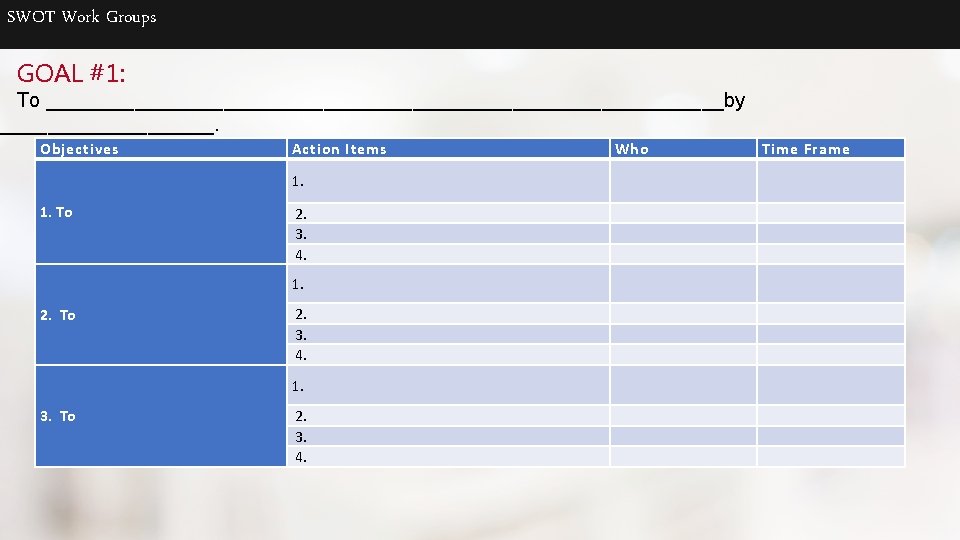 SWOT Work Groups GOAL #1: To _______________________________by __________. Objectives Action Items 1. To 2.