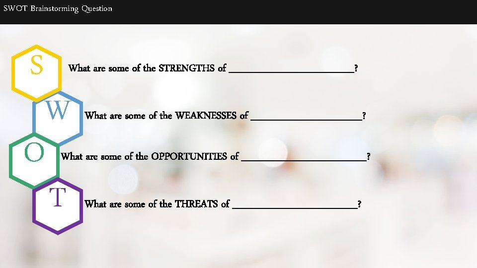 SWOT Brainstorming Question S What are some of the STRENGTHS of _________? W O