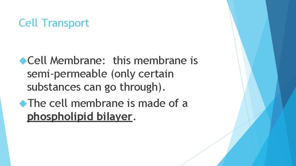 Cell Transport Cell Membrane: this membrane is semi-permeable (only certain substances can go through).