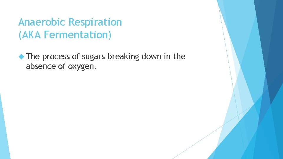 Anaerobic Respiration (AKA Fermentation) The process of sugars breaking down in the absence of