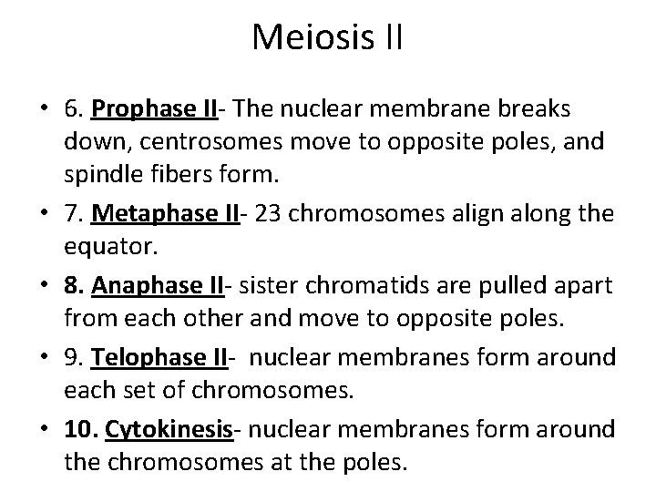 Meiosis II • 6. Prophase II- The nuclear membrane breaks down, centrosomes move to