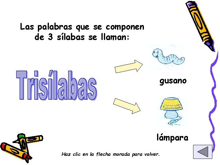 Las palabras que se componen de 3 sílabas se llaman: gusano lámpara Haz clic
