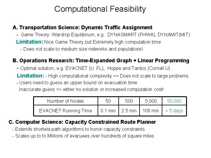 Computational Feasibility A. Transportation Science: Dynamic Traffic Assignment - Game Theory: Wardrop Equilibrium, e.