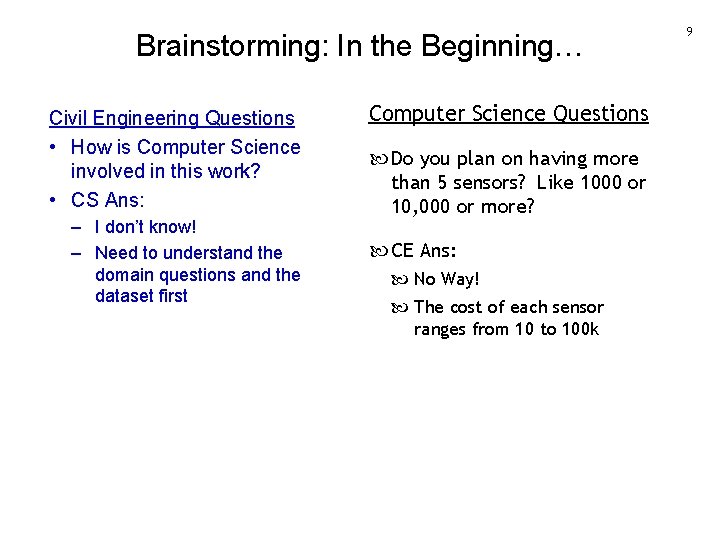 Brainstorming: In the Beginning… Civil Engineering Questions • How is Computer Science involved in