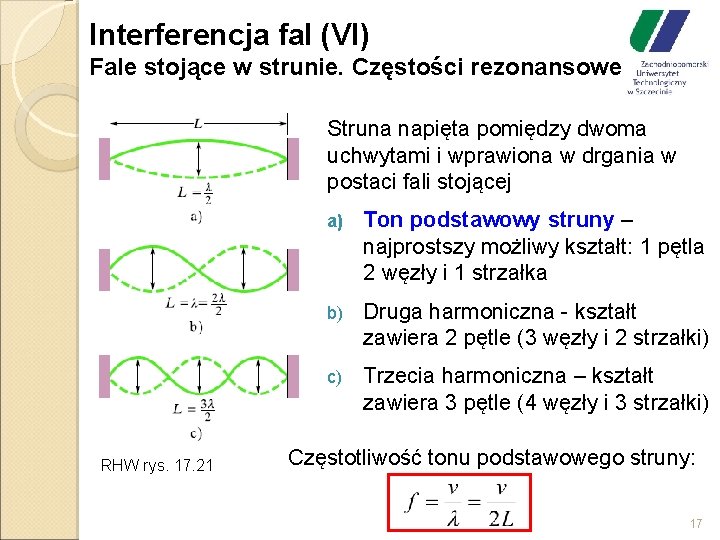 Interferencja fal (VI) Fale stojące w strunie. Częstości rezonansowe Struna napięta pomiędzy dwoma uchwytami