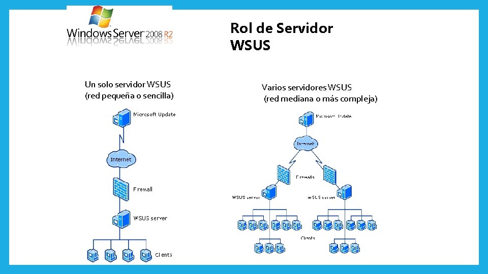 Rol de Servidor WSUS Un solo servidor WSUS (red pequeña o sencilla) Varios servidores