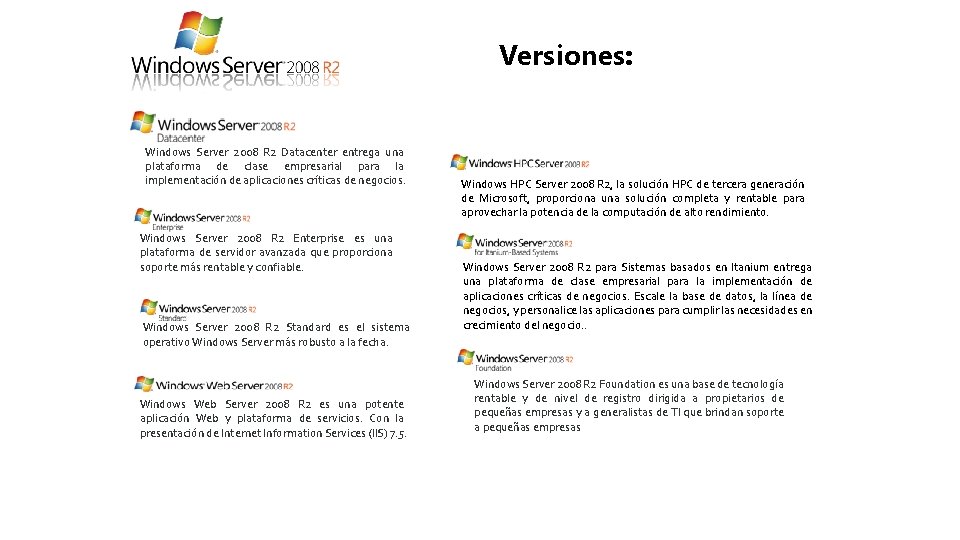 Versiones: Windows Server 2008 R 2 Datacenter entrega una plataforma de clase empresarial para