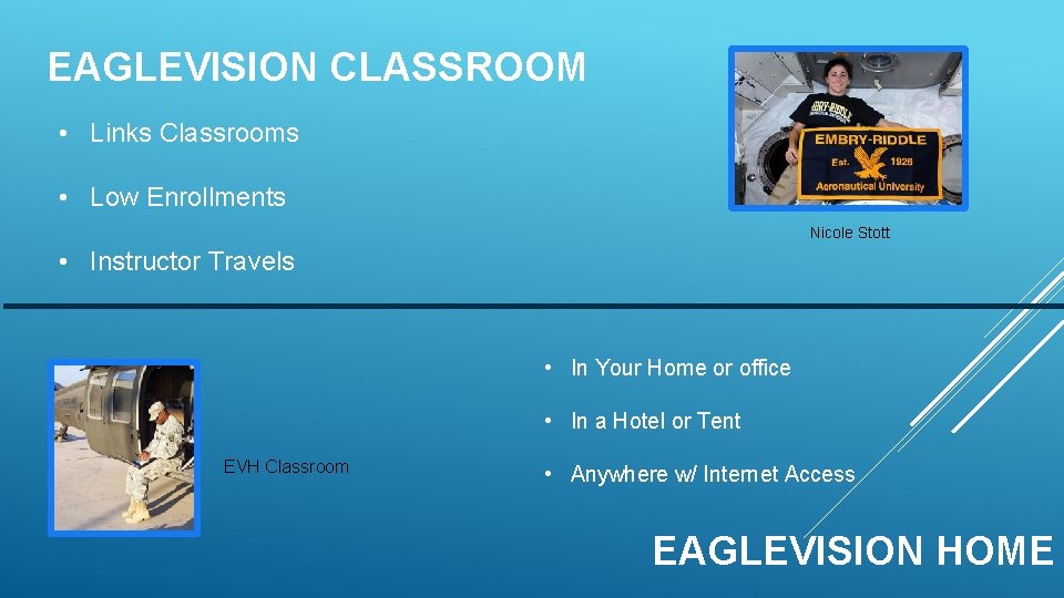 EAGLEVISION CLASSROOM • Links Classrooms • Low Enrollments Nicole Stott • Instructor Travels •