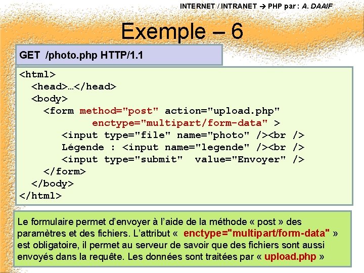 INTERNET / INTRANET PHP par : A. DAAIF Exemple – 6 GET /photo. php